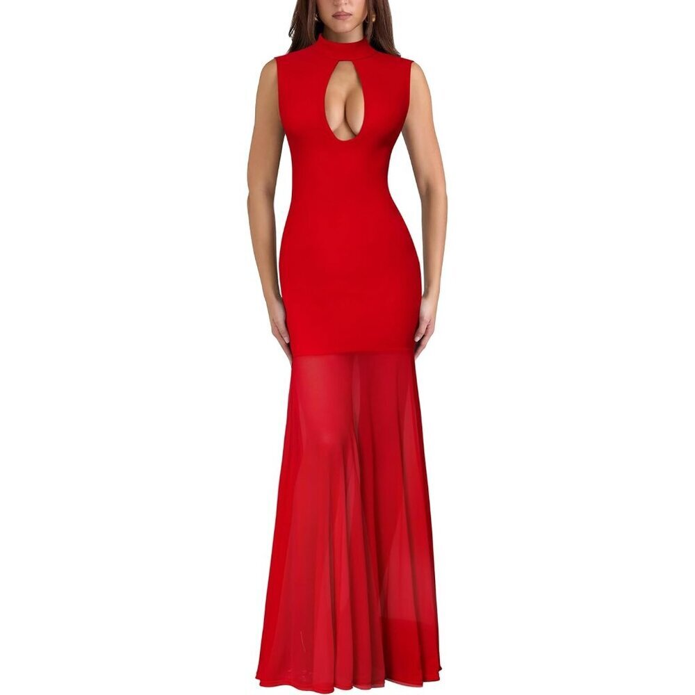 Women's Red Sleeveless Long Mock Neck Bodycon Flowy Cocktail Party Maxi